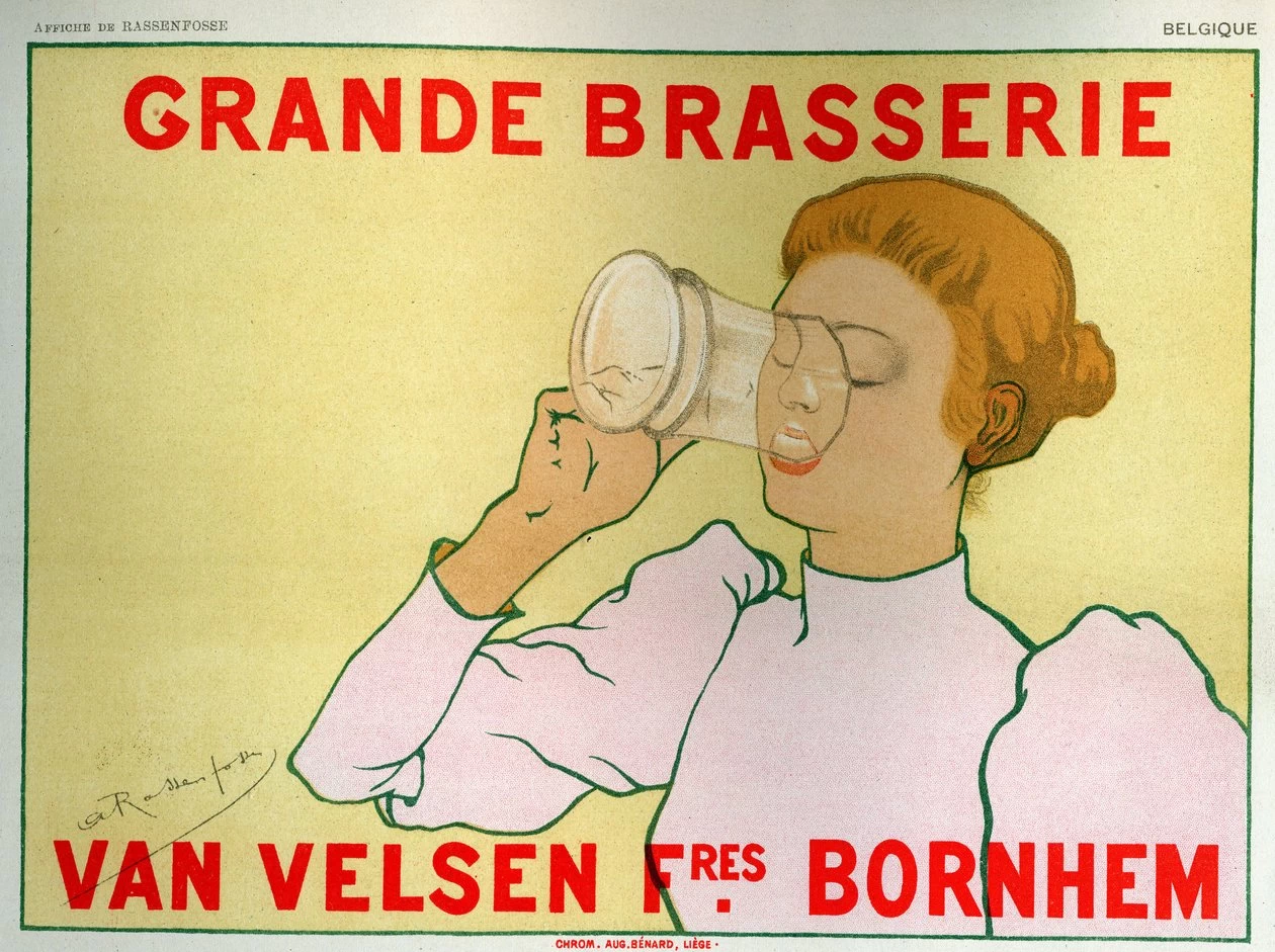 Donna che beve birra, pubblicità della brasserie Van Velsen